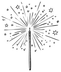 Hand drawn lit sparkler doodle with bursting sparks and stars line art illustration