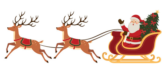 Santa Claus riding a sleigh with Christmas tree pulled by reindeer. Flat vector illustration isolated on a white background.
