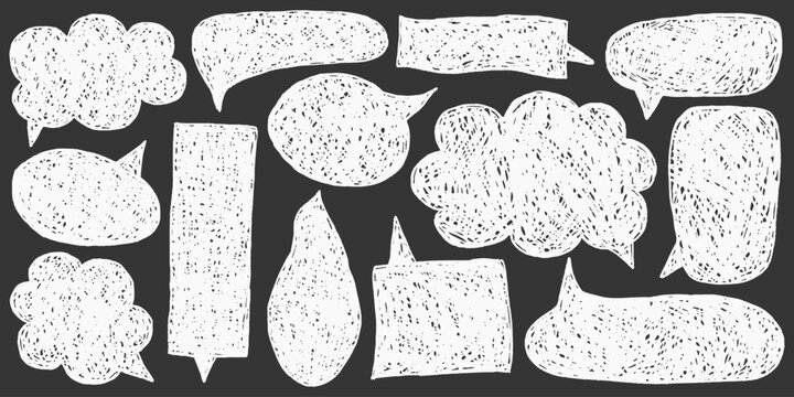 Text box chalkboard message frame collection with soft crayon strokes, quirky speech bubbles, geometric shapes, grainy outlines and hand drawn finish.