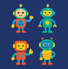 Four Colorful Cartoon Robots on Dark Blue Background