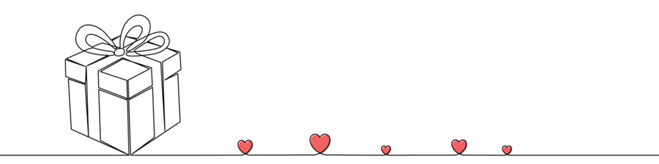 Gift box with a bow and a group of pink hearts in continuous line style. One line drawing for holiday, love, and present concept. Vector illustration with editable stroke.