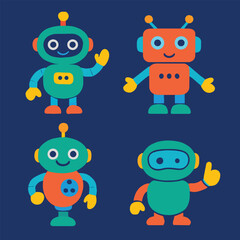 Four Cute Cartoon Robots on Dark Blue Background 9875