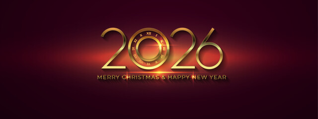 Happy New Year 2026 And Merry Christmas Gold Luxury Word Typography Banner Background.