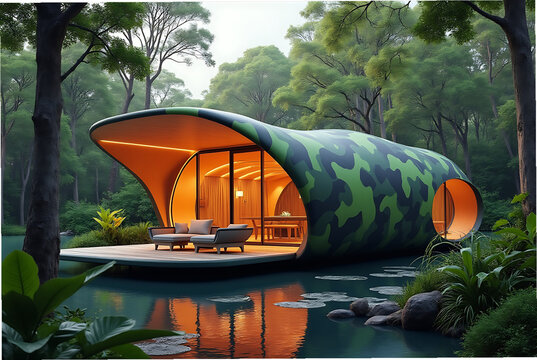 Modern organic architecture cabin nestled in a lush forest beside a tranquil pond - Powered by Adobe