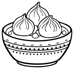 Illustrated bowl of dumplings with intricate design, ready to eat