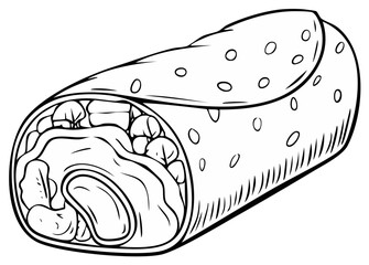Black and white burrito illustration with fillings, food concept