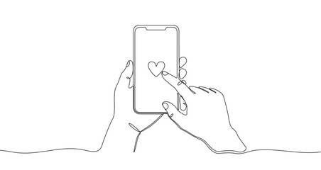 Drawing of hands holding a smartphone with a heart symbol, in one line art style. Illustration with editable stroke. Vector illustration.