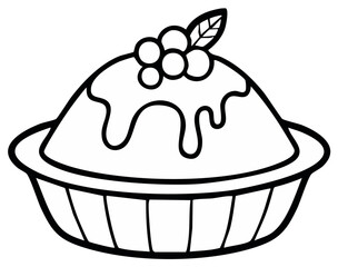 Dessert pie with frosting, berries, and leaf outlined vector illustration for coloring or design