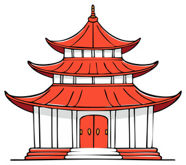 Cartoon pagoda building illustration with red roof