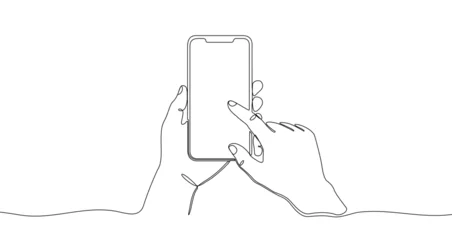 Fototapeten Pony Drawing of hands holding a smartphone with a touchscreen, in one line art style. Illustration with editable stroke. Vector illustration.  © chekman