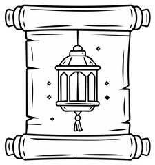 Traditional scroll with hanging lantern and sparkles line art design