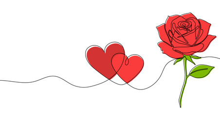 Drawing of a red rose and two hearts connected by a single line. Love illustration with editable stroke. Vector illustration.