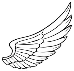 Simple black and white line art illustration of a single angel or bird wing
