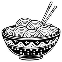 Stylized Asian noodle bowl with chopsticks black and white hand drawn vector illustration