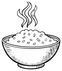 Hand drawn illustration of a steaming bowl of rice with wisps of smoke
