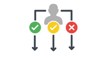 Decision making process illustrated with a person and multiple outcomes green yellow red