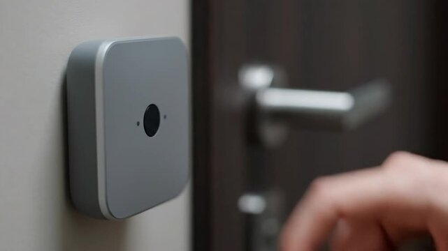 Finger press glowing green button on modern smart device control panel