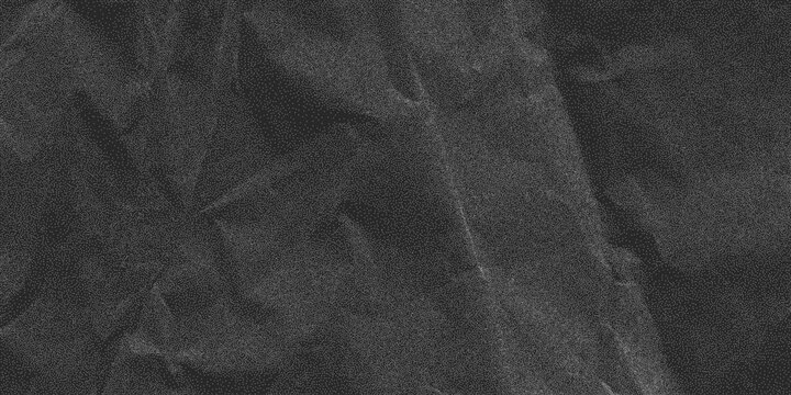 Dark crumpled paper pattern with rough grain. Noisy halftone dust layer and old blank surface, textured grunge backdrop for graphic layouts.