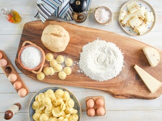 A meticulous scene unfolds with fresh dough, flour, eggs, and freshly made girasoli pasta arranged on a wooden board. Ingredients prepare for the delightful Italian cuisine