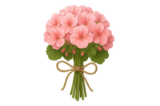 Pink geraniums bouquet with green leaves and buds, tied with rustic twine bow, vibrant spring floral illustration - Powered by Adobe