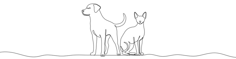 Continuous one line drawing of a standing dog and a sitting cat together. Drawing of domestic pets with editable black stroke on white background. Vector illustration.