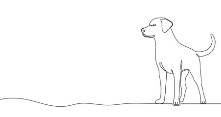 Continuous one line drawing of a dog standing in profile. Drawing of a domestic animal with editable black stroke on white background. Vector illustration.