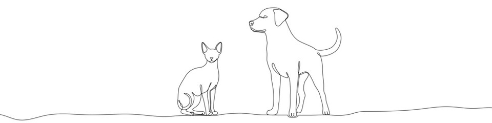 Obraz premium Continuous one line drawing of a standing dog and a sitting cat together. Drawing of domestic pets with editable black stroke on white background. Vector illustration.