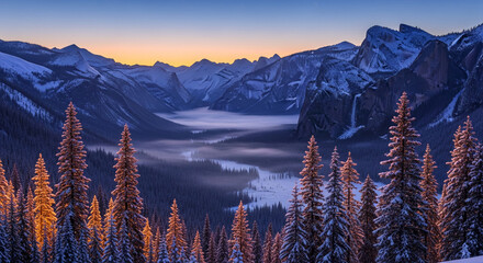 Scenic landscape with snow-covered mountain peaks and valley filled with mist, framed by pine trees, representing winter wonder and natural beauty