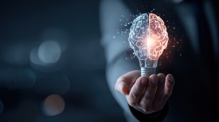Illuminating Idea: A hand holding a light bulb with a glowing brain inside, symbolizing a bright idea, innovation and thought.