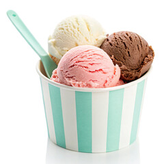 Delicious ice cream scoops in a striped paper cup