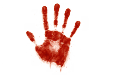 Bloody red handprint on transparent background representing crime, violence, murder, danger, and forensic evidence