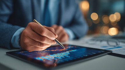 Ai business professional analyzes data using tablet in office setting while holding a pen during evening hours