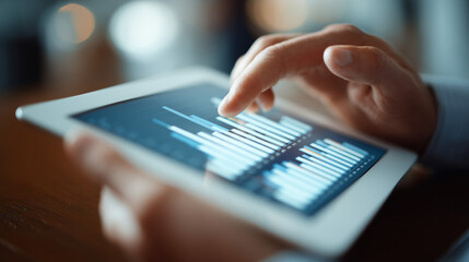Ai business person uses tablet to analyze data charts and trends in an office setting in the afternoon