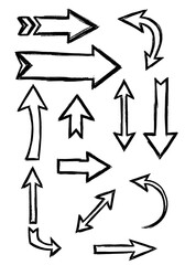 Hand drawn grunge arrows set, black brush strokes pointing in all directions, doodle sketch pointers for navigation and emphasis