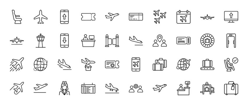 Aviation and airport travel line icon set. Vector pictograms of aircraft, ticket, baggage, and check-in counter, thin outline illustration.