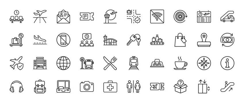 Airport travel and transportation line icon set. Vector pictograms of luggage, airplane, hotel, and bus, thin outline illustration.