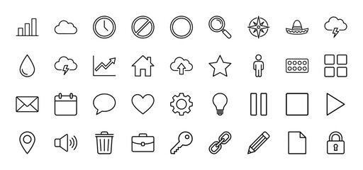 Fototapeta premium Interface and business line icon set. Vector pictograms of graph, cloud, clock, home, email, and lock, thin outline illustration.