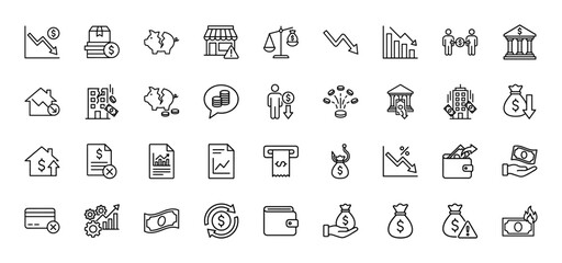 Fototapeta premium Finance and economic crisis line icon set. Vector pictograms of market downfall, bankruptcy, investment, and debt, thin outline illustration.