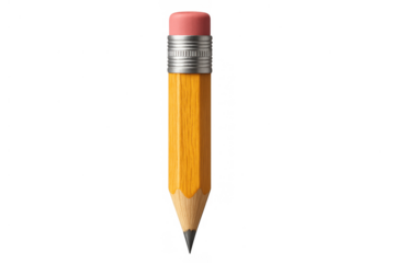 Yellow wooden pencil with pink eraser and sharp graphite lead standing upright on transparent background