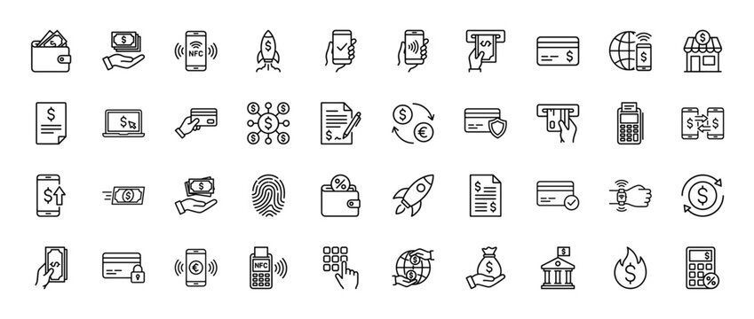 Finance and payment line icon set. Vector pictograms of wallet, credit card, atm, nfc, and banking symbols, thin outline illustration.