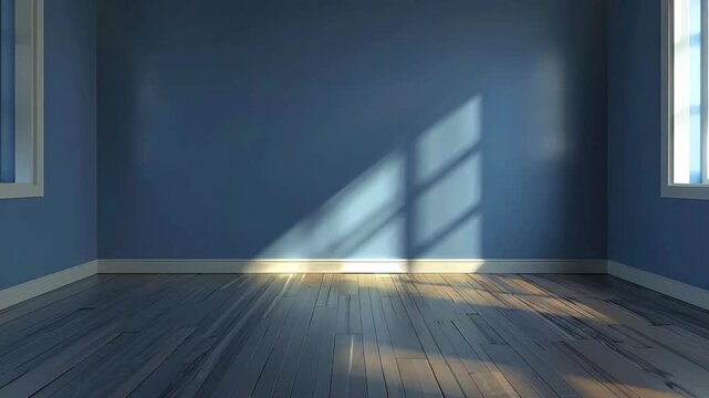Interior of an empty room with blue walls a dark wood floor and a bright patch of sunlight casting a windows shadow