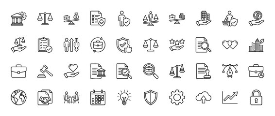 Fototapeta premium Business and law line icon set. Vector pictograms of scales, briefcase, contract, shield, handshake, finance, compliance and legal items, thin outline illustration.