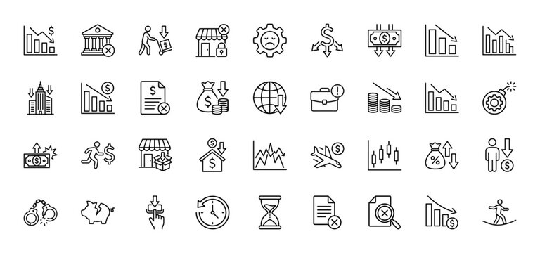 Finance and economic crisis line icon set. Vector pictograms of market crash, recession, bank failure, and currency decline, thin outline illustration.