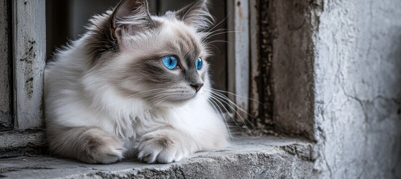 Stunning Portrait of a Himalayan Cat with Striking Blue Eyes Posed Gracefully by a Rustic Window