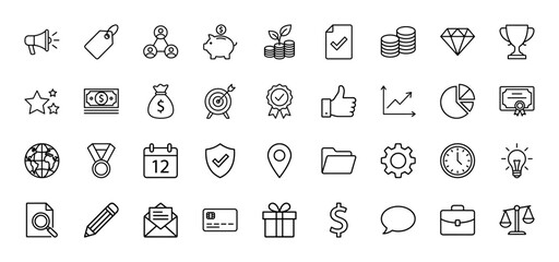 Business and finance line icon set. vector pictograms of megaphone, piggy bank, growth chart, diamond, globe, calendar, and briefcase, thin outline illustration.