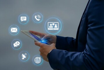 Businessman using a smartphone for global communication with digital icons representing various communication channels in a modern business environment showcasing connectivity