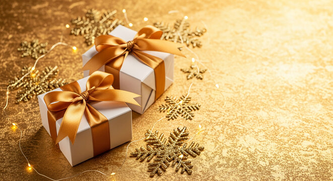 Two white gift boxes with gold ribbon and snowflake decoration on gold glitter background, representing celebration and luxury, suitable for Christmas, free space