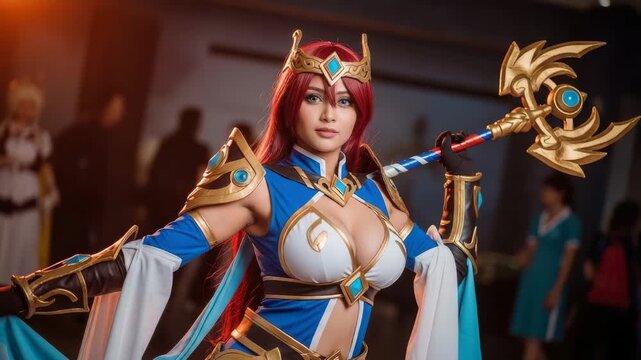Cosplayer dressed in blue prepares for a pose with staff at a convention event with many attendees
