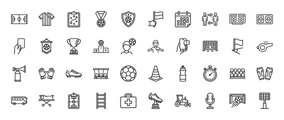 Soccer line icon set. Vector pictograms of field, jersey, trophy, ball, whistle, boot, and referee card, thin outline illustration.