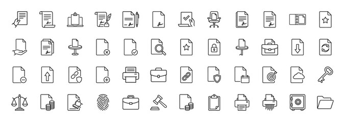 Legal, business, and finance line icon set. Vector pictograms of contracts, documents, security, and authorization, thin outline illustration.